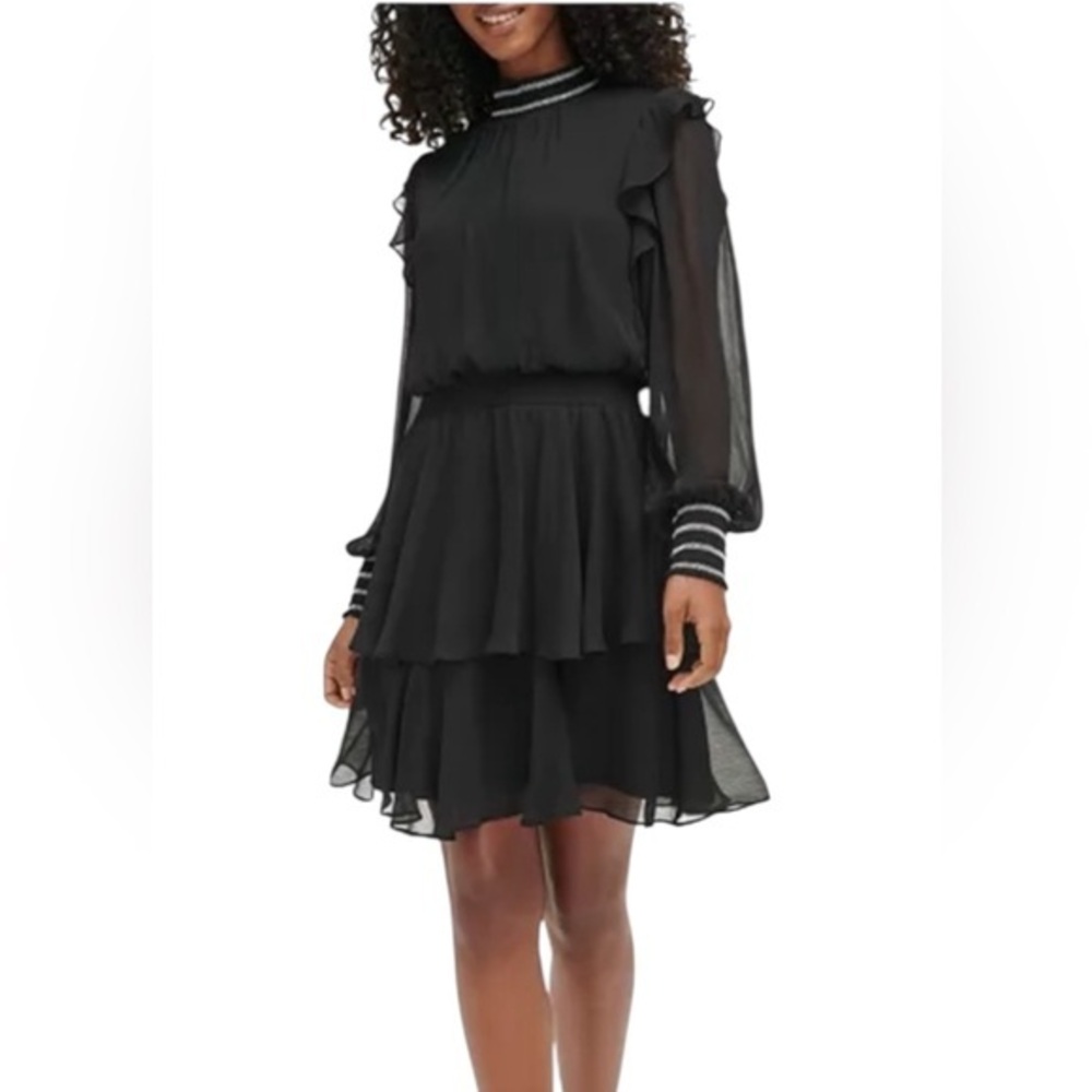KARL LAGERFELD PARIS Women's Smocked-Trim Tiered Black SheerDress Size 14